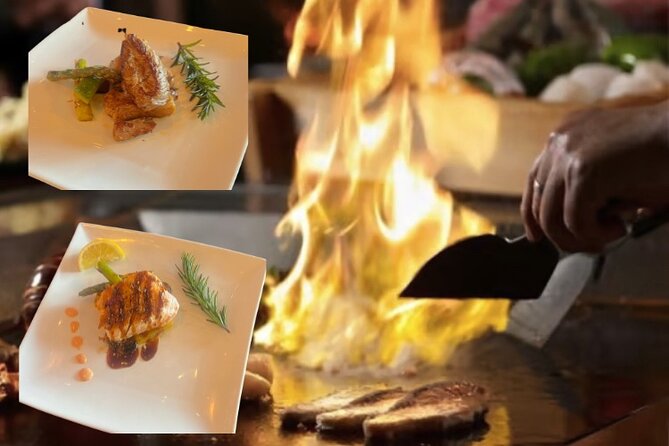 Reykjavik Teppanyaki 7 Course Menu and Fire Show with Cocktail - First courses: beef carpaccio and tempura langoustine